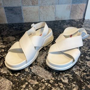 White Prada sandals with a rubber sole. No box or tags but have never been worn.